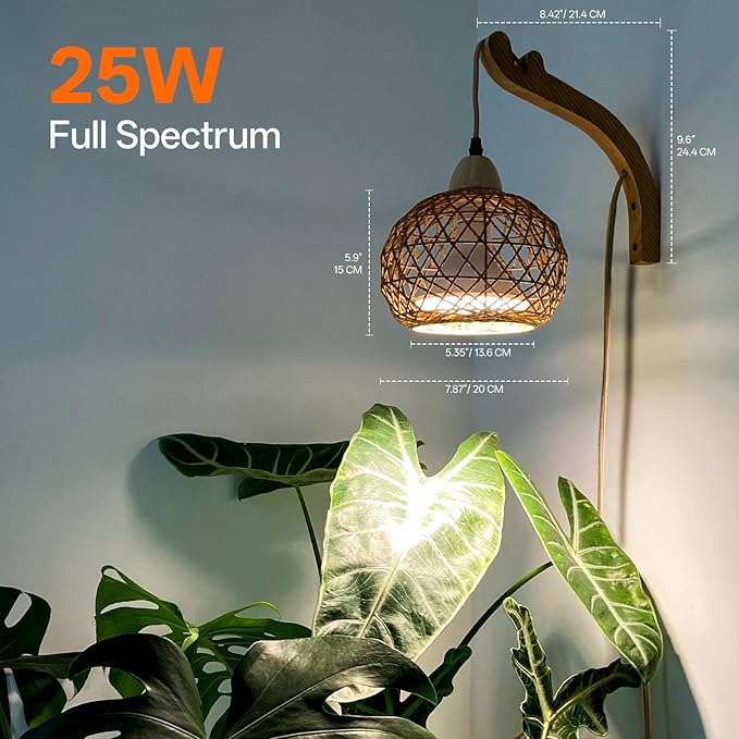 Bstrip Hanging Grow Lights for Indoor Plants, 18W Full Spectrum Plant Light, Boho Rattan Lantern Shade, 3800K Wall-Mounted Decorative Grow Light with 9.8FT Power Cord for Indoor Plant Growing, Flowers