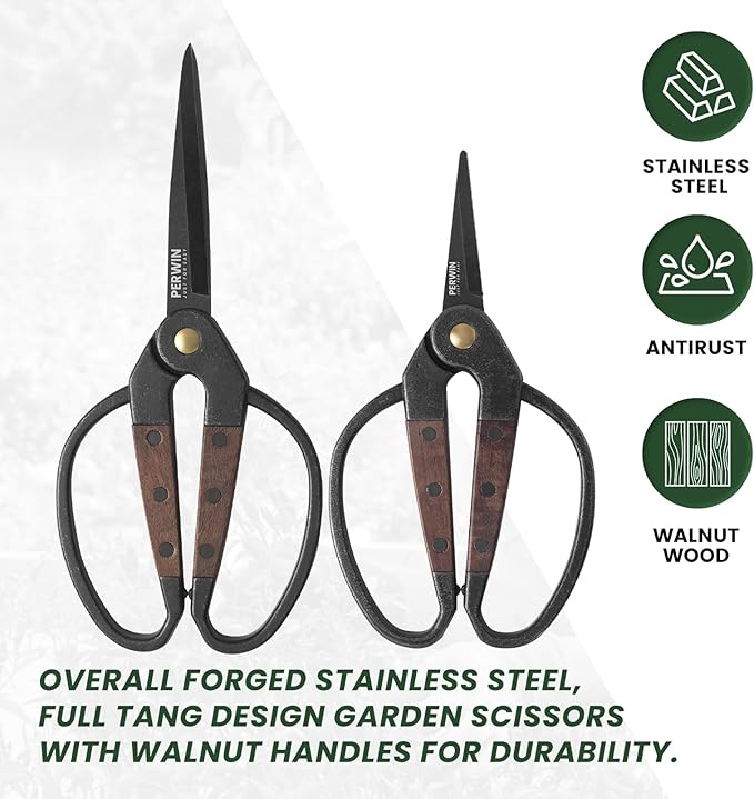PERWIN Garden Flower Bonsai Scissors 2 Pcs Walnut Wide Handles Pruning Gardening Scissors Floral Shears for Gardening,Succulent Harvest, and Precision Plant Trimming Care