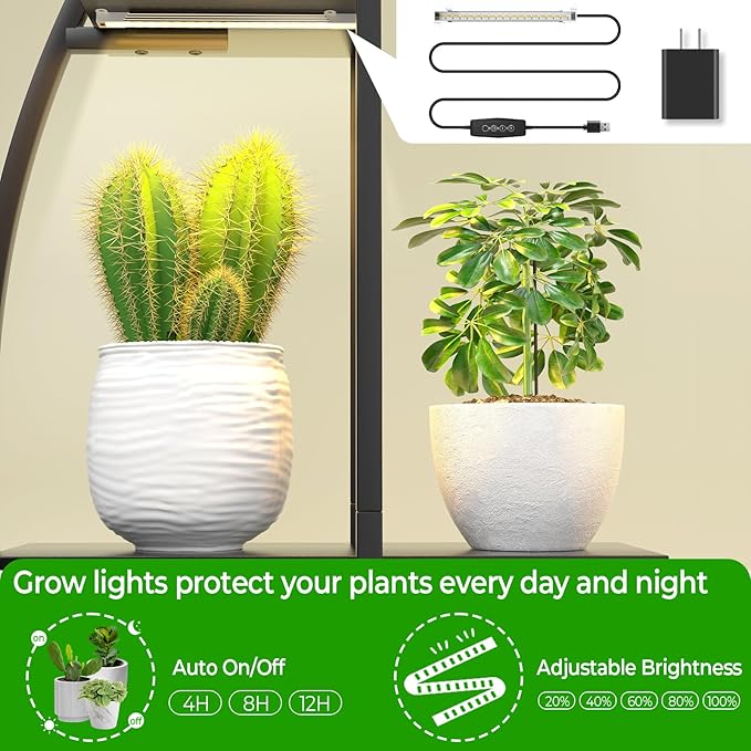 Plant Stand Shelf Indoor with 6 Grow Light, 7 Tiered 65" Tall Black Large Half Moon Lighted Plant Rack Holder, 2 Pack Big High Circular Arch Multi Herb Stand with Built in LED Grow Light Set