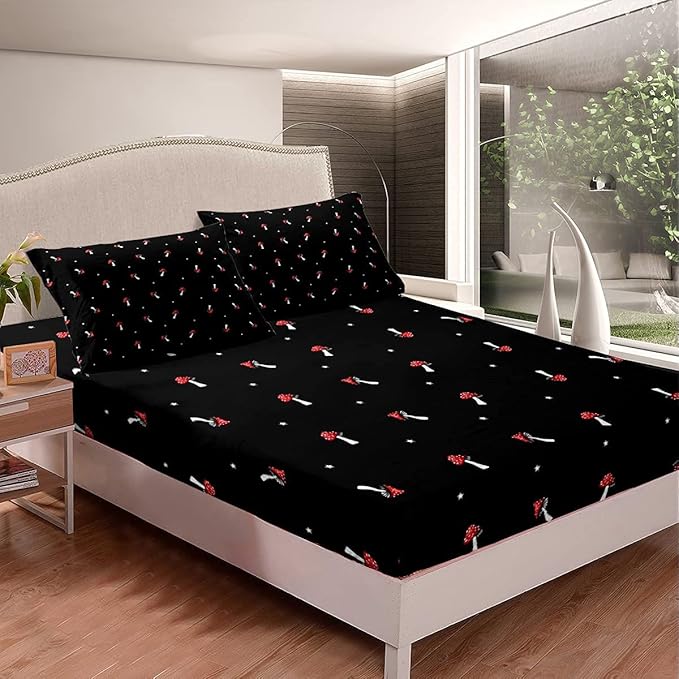 Mushroom Sheet Set Kids Cute Botanical Plants Print Bed Sheets Set Girls Kawaii Mushroom Bedding Set for Boys Teens Sheets Soft Room Decor Twin Size(1 Flat Sheet +1 Fitted Sheet +1 Pillowcase)