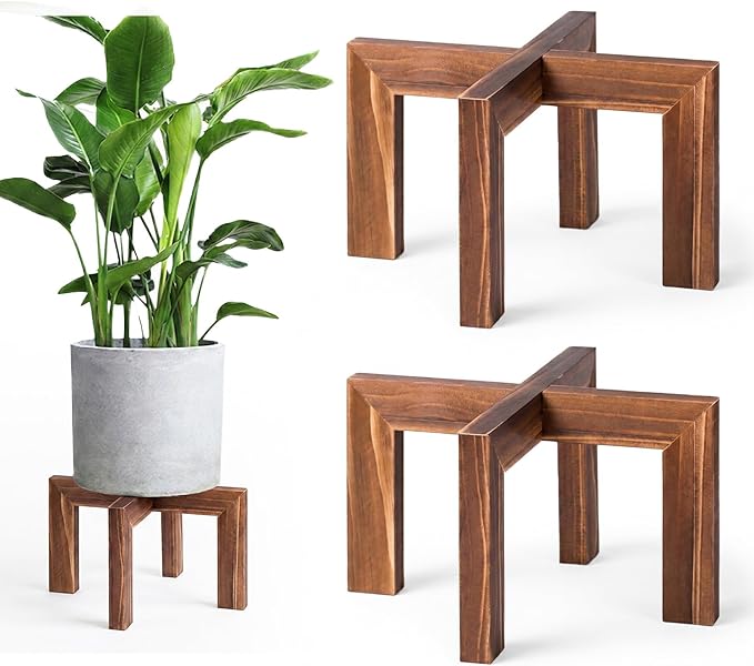 Leaf&lull Wood Plant Stand Indoor Boho Rustic Short Plant Stool Small Planter Holder Base for Multiple Plants Heavy Duty Wooden Floor Pot Riser Walnut 2 Pack