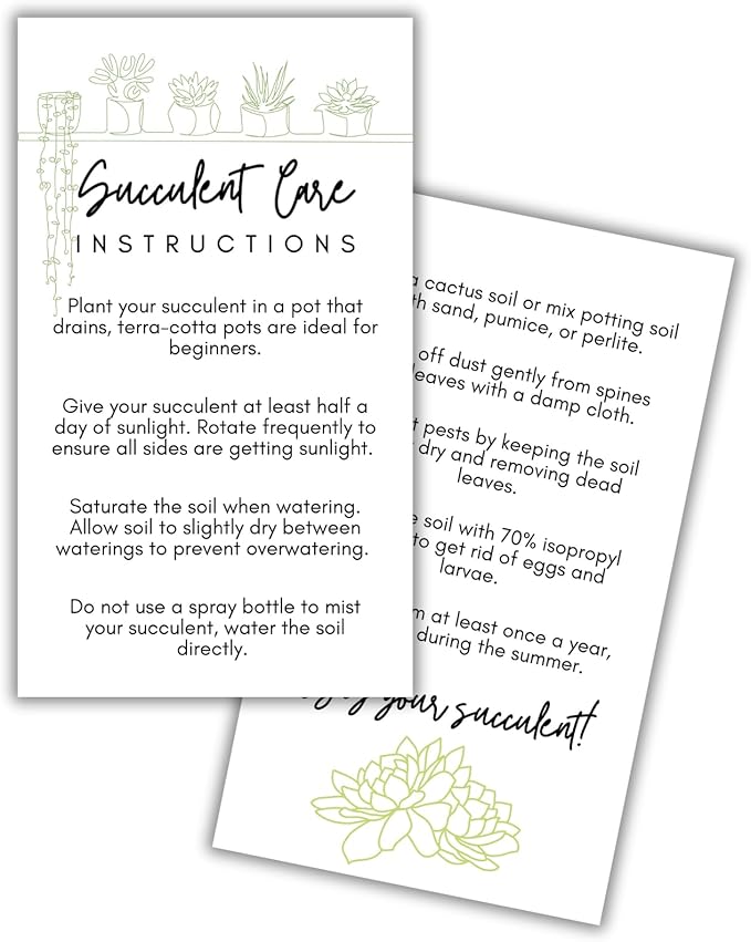 Succulent Care Instruction Cards with Icons 50pk 2x3.5” Home Propagated Plants Tags Labels White Simple for Sale Client Care How to Water Kit
