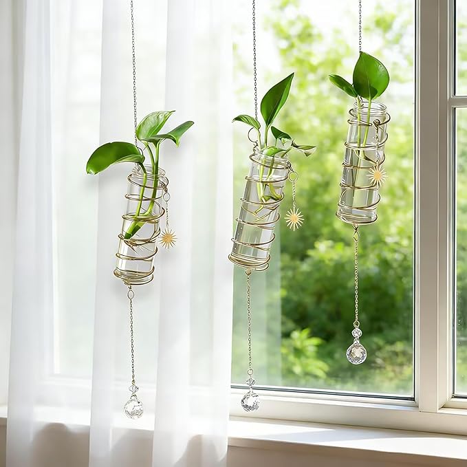 Plant Propagation Station Glass Hanging Propagation Tubes for Indoor Plants, Hydroponics Wall Planter Holder with Hanging Chain, 3Pcs Propagation Vases Hydroponics for Women Plant Gifts
