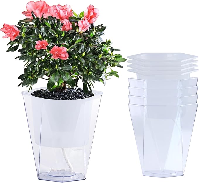 Oliz Self Watering Planter 5 Pcs, 4.5 Inch Flower Plant Pot with Transparent Inner Pot, Gardening Flowerpot with Watering Can, Indoor Self Watering Planter Pot for Herbs, Flowers (White)