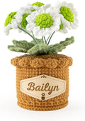 Crochet Flowers with Personalized Leather Name Tag Handmade Knitted Flowers for Home Office Desk Decor Crochet Daisy Potted Plant Crochet Gift for Women,Mom,Teacher, Friend, Birthday(White)