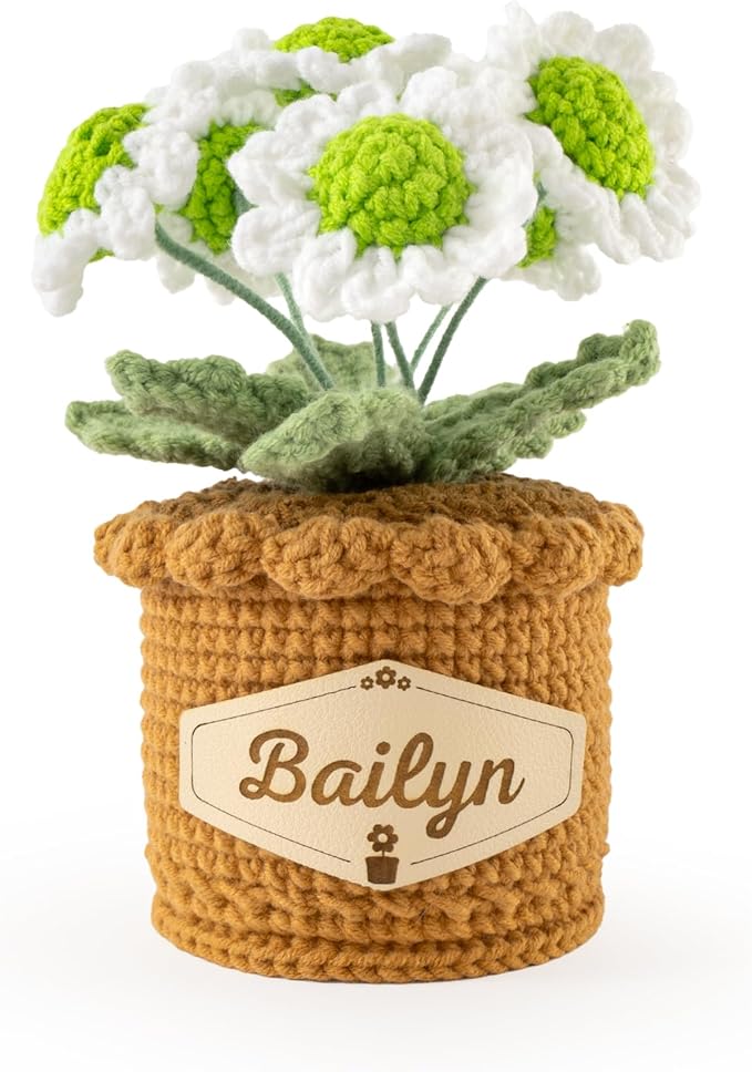 Crochet Flowers with Personalized Leather Name Tag Handmade Knitted Flowers for Home Office Desk Decor Crochet Daisy Potted Plant Crochet Gift for Women,Mom,Teacher, Friend, Birthday(White)
