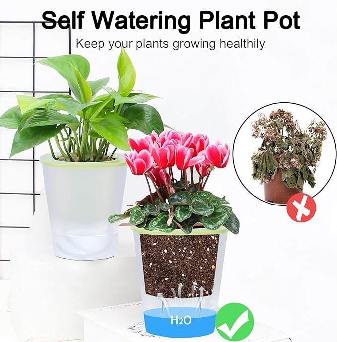 Oliz Self Watering Planter 8 Pcs,4.3 Inch Flower Plant Pot with Inner Pot, Indoor Self Watering Planter Pot for Herbs, Flowers (Green)