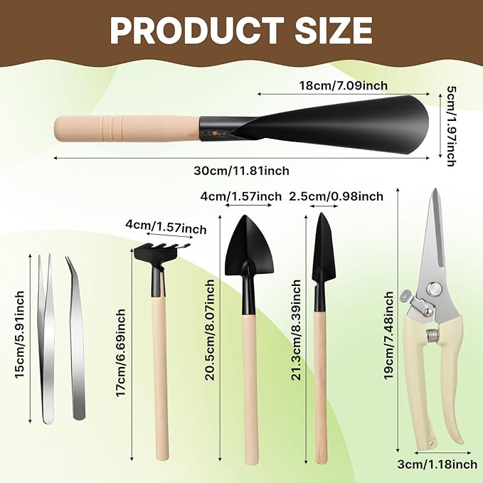 Frienda 7 Pcs Bonsai Tree Kit Garden Bonsai Tools Set Includes Pruning Shears, Mini Rake, Flat Tip Shovel, Pointed Shovel, Spade, Tweezers Gardening Accessories Gift for Beginner Mother Women Men