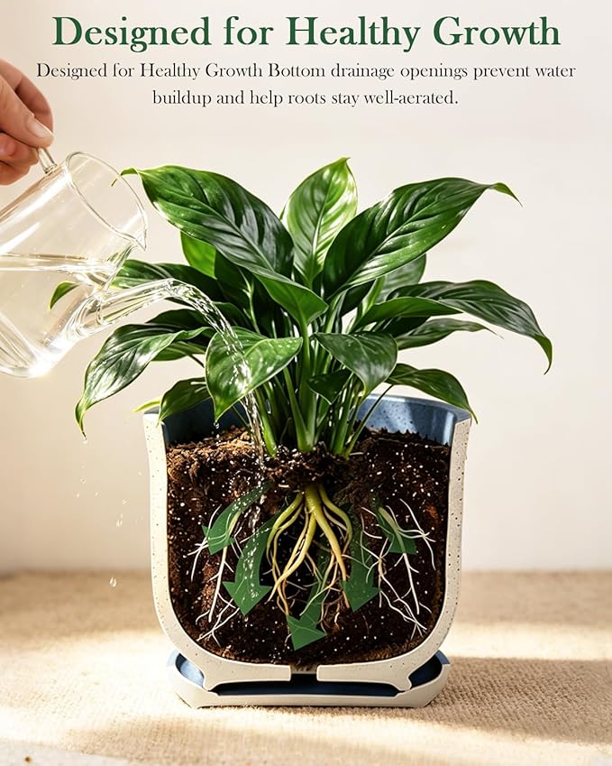 Ceramic Plant Pots Set of 3 with Saucers, 4.3/5.5/7 Inch Planters for Indoor Plants, Drainage Hole Flower Pots for Succulents, Herbs, Aloe, Modern Home Decor, Blue