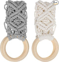 2 Pcs Kitchen Towel Holder, Dish c Hanger with Beech Wood Ring for Hanging Kitchen Towels, Cotton Crochet Dish Towel Holder for Kitchens, Over Cabinet Towels Holders (Grey and Beige)