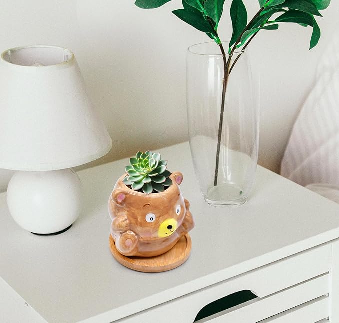6 Pack Ceramic Succulent Pots with Drainage – Small Animal Planters with Bamboo Trays for Cactus & Indoor Plants, Mini Flower Pots for Desk, Home Decor, Office, Garden, Gift for Plant Lovers