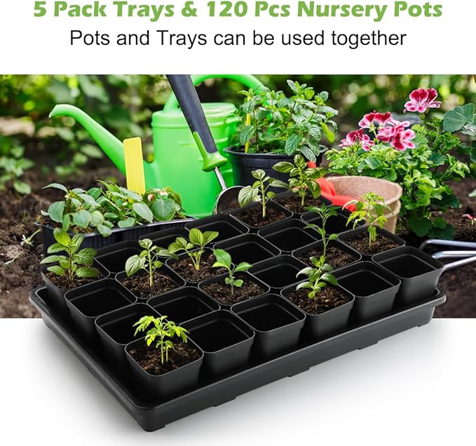RooTrimmer 2.8 inch (7CM) Square Nursery Pots 120pcs with 5 Pack Seed Starter Trays, Durable Plastic Flat Seedling Tray (17"x11"x2") for Carrying and Holding Plant Nursery Pot (Black)