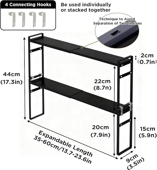 2 Tier Expandable Stackable Narrow Shelf Organizer, Tall Countertop Organizer for Tight Spaces, Windowsill Plant Stand, Over-Sink/Faucet Shelf, Kitchen Storage, Bathroom Vanity, Laundry Room (Black)