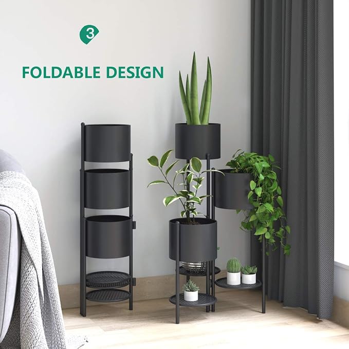Metal Plant Stand, 6 Tier 6 Potted Indoor Black Flower Pot Stand Holder Shelf, Foldable Decorative Display Rack for Multiple Potted Plants, Patio Garden, Living Room, Corner Balcony & Bedroom