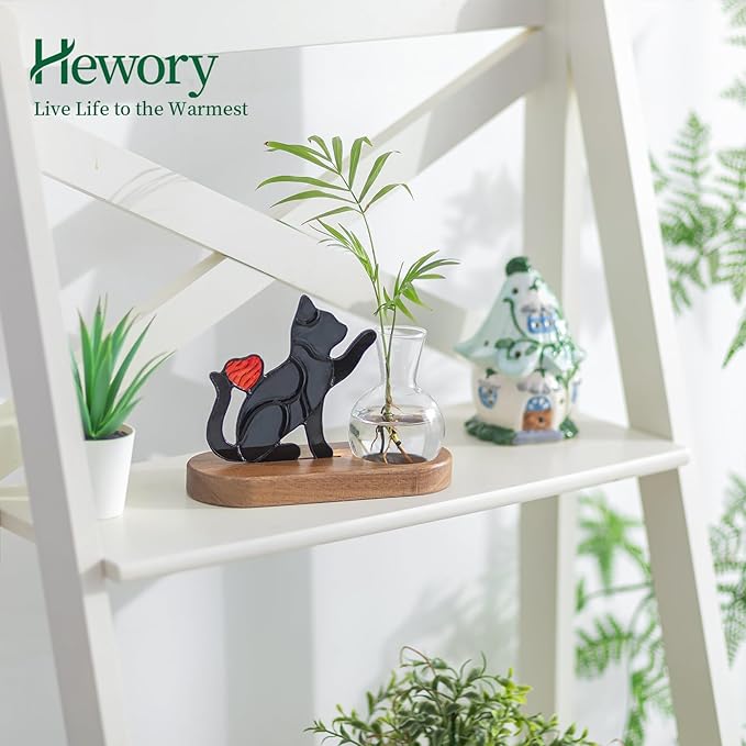 Hewory Handmade Cat Propagation Stations: Black Stained Glass Cat Planter Pot with Wooden Stand for Desktop Decor for Plant Lovers Women