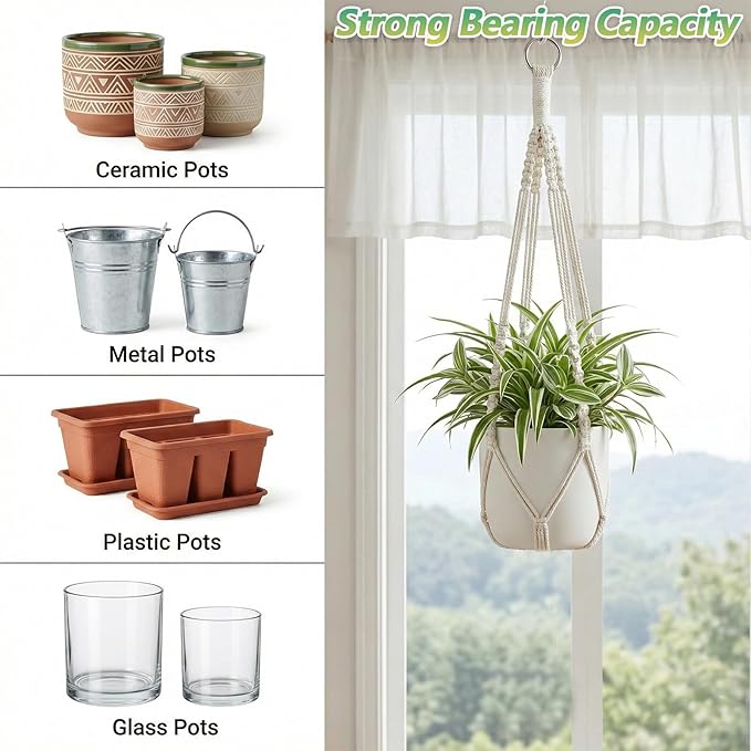 JJUNW 2pcs Macrame Plant Hanger, 21 Inch Indoor Hanging Planter with 2 Hooks Boho Long Crochet White Rope Hanging Planters for Indoor Outdoor Home Decor (Pots Not Included)