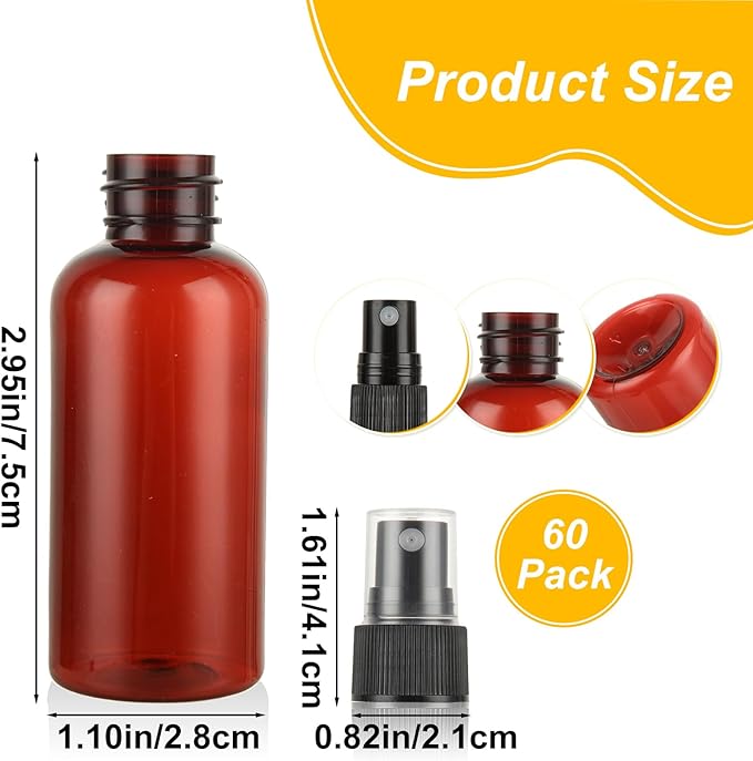 60PCS 1 oz Amber Spray Bottles Mini Spray Bottle Small Spray Bottle Plastic for Essential Oils, with Funnel & Stickers Refillable for Travel Cleaning Beauty