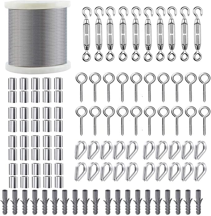 TooTaci M5 Turnbuckles for Cables Wire, 200ft 1/16 Stainless Steel Wire Rope with Tensioner Kit, 1/16 Vinyl Coated Steel Cable for Outdoor Lights Hanging, Climbing Plants, Trellis and Fences