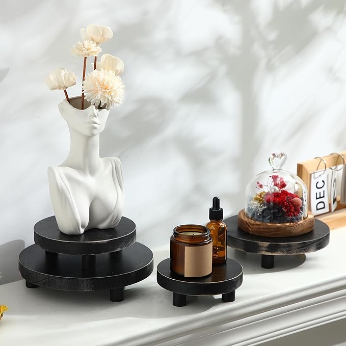 Geetery 4 Pcs Wooden Risers for Display Wood Pedestal Stand Mini Tray Stand Round Wooden Pedestal Holder Rustic Riser for Decor Tiered Tray Decor Home Kitchen, 5/6/7/8 Inch(Black)