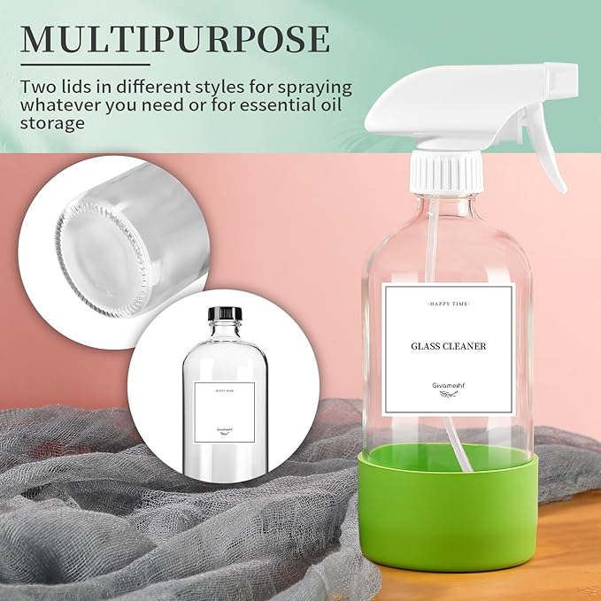 GIVAMEIHF 2 Pack Glass Spray Bottles with Silicone Sleeve,16oz Clear Glass Spray Bottles Refillable Empty Bottle with Adjustable Nozzle,Spray Bottle for Essential Oils,Cleaning Solutions,Pets,Hair