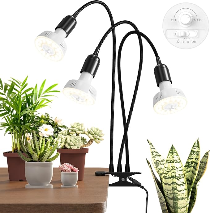 Barrina Orbgrow OG11A3 Clip On Grow Lights for Indoor Plants, Integrated Stepless Dimming & Timing, 4000K 33W(3 x 11W, 300 Watt Equiv), Full Spectrum 3-Gooseneck with E26 Plant Light Bulbs