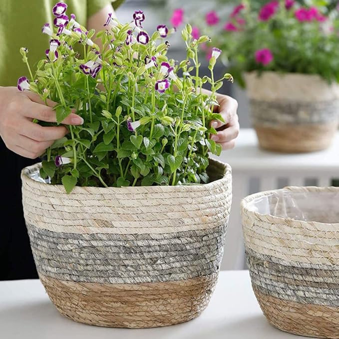 Operitacx Handmade Sea Grass Plant Basket 2 Pack Decorative Flower Holder Baskets for Home