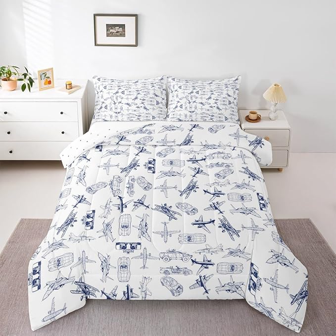 Feelyou Aircraft Bedding Set Kids Airplane Print Comforter Set Boys Girls Decor Aircraft Flying Comforter Cover Set Microfiber Sketch Style Blue White Duvet Set Bedroom Quilt Set Full Size