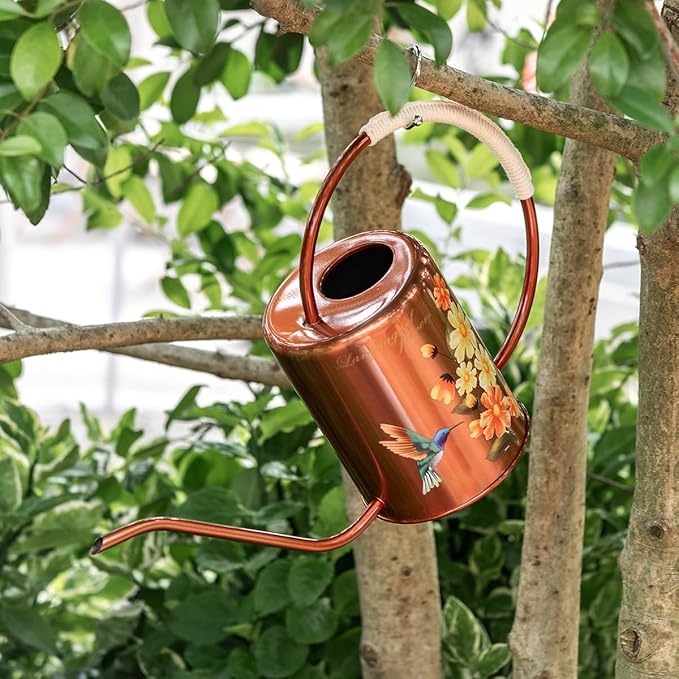 1/2 Gallon 68oz Long Spout Stainless Steel Flower for Indoor Plant Watering or Outdoor Gardening with 2 Removable Spray Spout for Flowers Plant Hummingbird Pattern Watering Can, Bronze