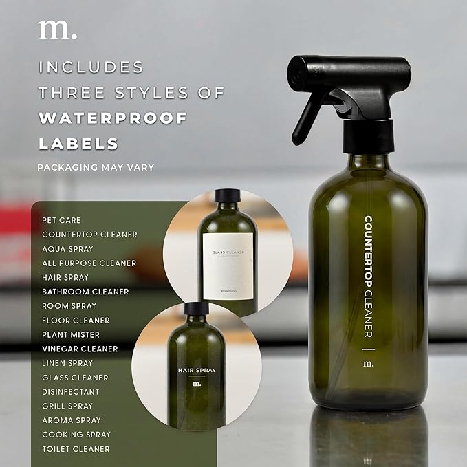 MAISONOVO Glass Spray Bottles for Plants - 16.9 fl oz Dark Green x 2 with 16 Labels