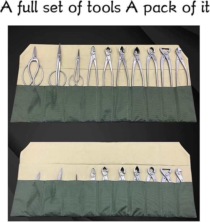 Tyenaza Bonsai Tool Roll, 10-Pocket Waterproof Canvas Bonsai Tool Case Heavy Duty Multifunctional Tool Pocket Bag Bonsai Tools Storage Bag