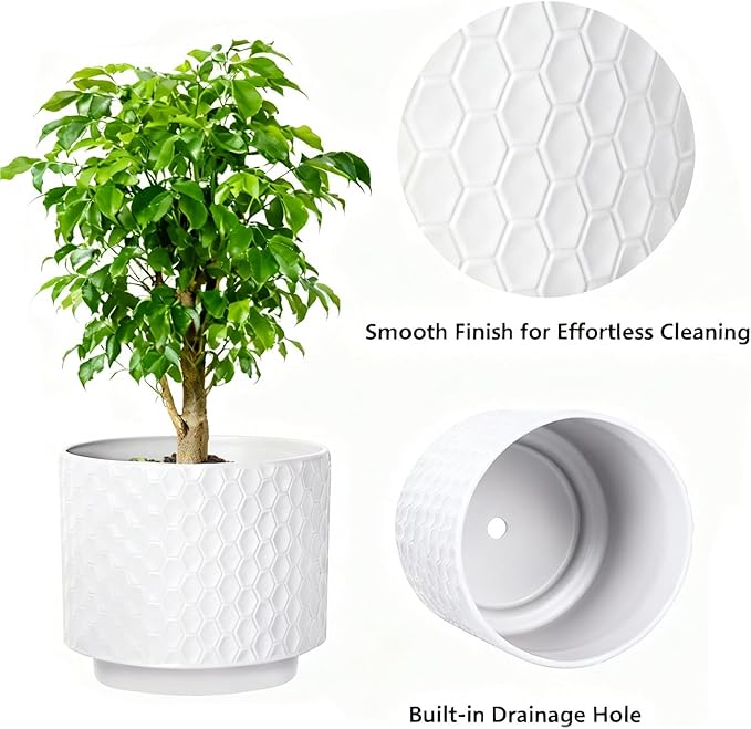 6 Inch Ceramic Pots for Indoor Plants with Drainage Hole & Floral Design, Planter for Home Decor on Windowsill, Tabletop, Office (White)