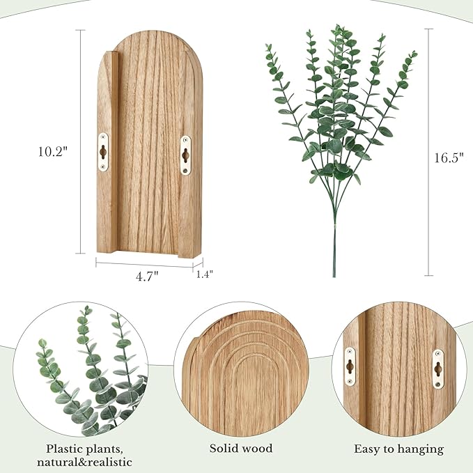 Dahey Wood Wall Planter Vase with Artificial Eucalyptus, 2 Pack Hanging Planter for Indoor Fake Plants Modern Boho Farmhouse Wall Art Decor for Bathroom Bedroom Kitchen Office Home Decoration, Natural