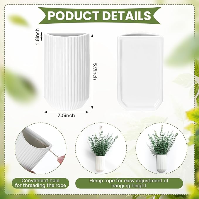 2 Pcs 5.9 Inch White Ceramic Wall Planter Modern Home Hanging Vase for Living Room Bedroom Bathroom Minimalist Indoor Ceramic Hanging Flower Vase for Dried Flowers Faux Greenery Plants