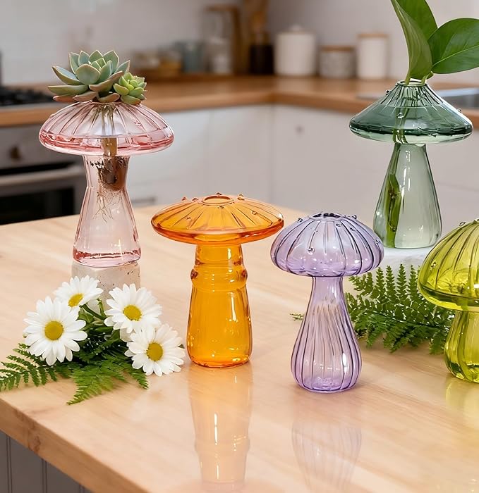 6 Pcs Colored Mushroom Glass Propagation Vases for Plants, Hydroponic Bud Vase Plant Propagation Stations Decor, Glass Terrariums for Indoor Plants, Cute Mushroom Vase Gifts for Women & Planter Lovers