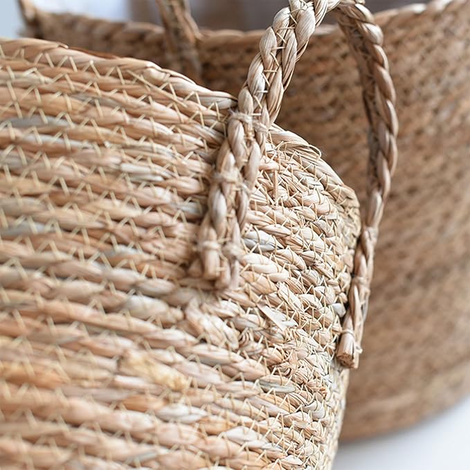 Woven Straw Flower Pot, Sea-Grass Planter Basket, Wicker Rattan Vase Sundries Organizers Storage Bins, Hand Woven Basket Planter with Plastics Liners and Handle - XL 9.84x9.84x11.41in