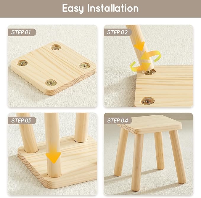 Beright Wooden Step Stool for Kids, Children's Stool fit with Sensory Table, Sturdy Sitting Stool with Assembled Four-Legged, for Children, Toddler, Square, 1 Pack