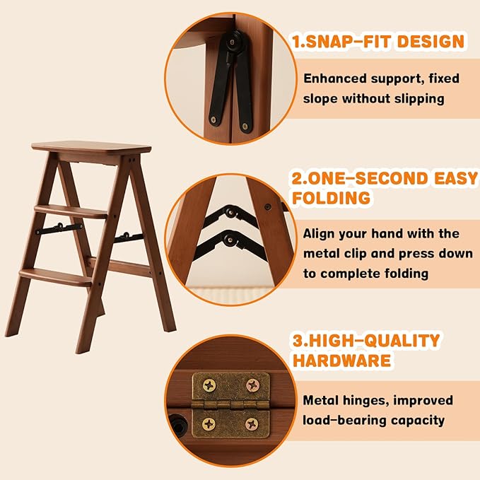Baveke 3 Step Ladder Folding Step Stool, Wooden Step Stool Foldable, Folding Step Stools for Adults, Bamboo Kitchen Ladder, Three Stepladder for Library (Brown, FSC-Certified Bamboo)