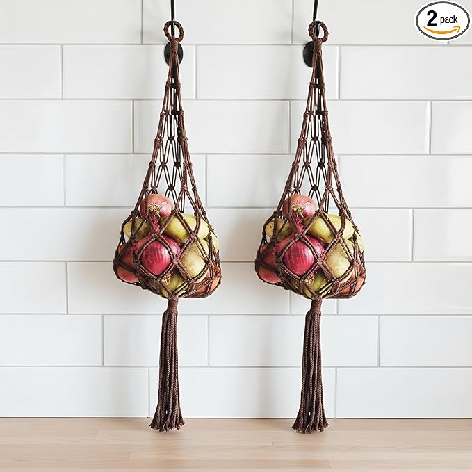 2-Pack Boho Macrame Hanging storage Bag, handmade vegetable basket hanging in the kitchen, handmade Net Storage Holder in Kitchen for Fruit/Vegetable/Patato/Tamato/Wine hanger Length:38" (Brown)