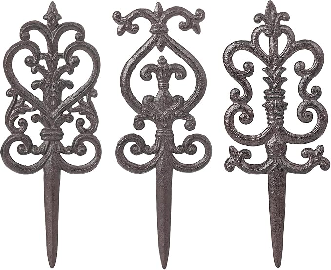 Sungmor Vintage Cast Iron Garden Stakes - 3PCS Ornate Metal Plant Stakes for Yard Art, Patio,Lawn Ornamentation,5.3inch Tall Antique Black Finish,Exquisite Garden Decor