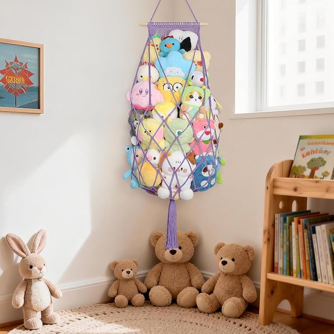 Stuffed Animal Storage Hammock Corner, 70 Inch Jumbo Macrame Stuffed Animal Net Toy Hammock, Wall Ceiling Hanging Plushies Teddy Bear Storage Organizer for Kid Boho Nursery Decor Gift (Purple)