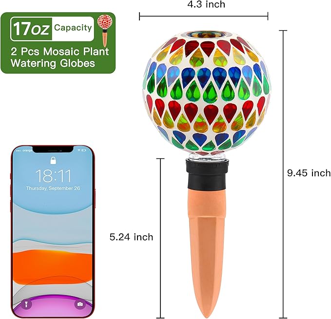 SAVENNA Mosaic Plant Watering Globes with Terracotta Spikes, 17oz Glass Self Watering Globes for Indoor & Outdoor Potted Plants, Decorative Water Drippers, Set of 2