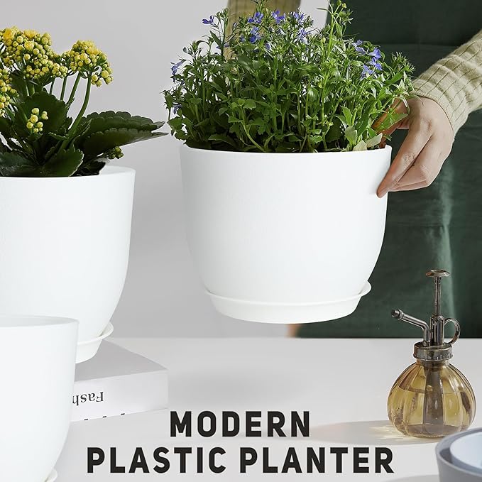 YNNICO Plant Pots 10/9/8/7.5/7 inch Flower Pots with Multi Mesh Drainage Holes, Planters for Indoor Outdoor Garden Plants and Flowers. (White)