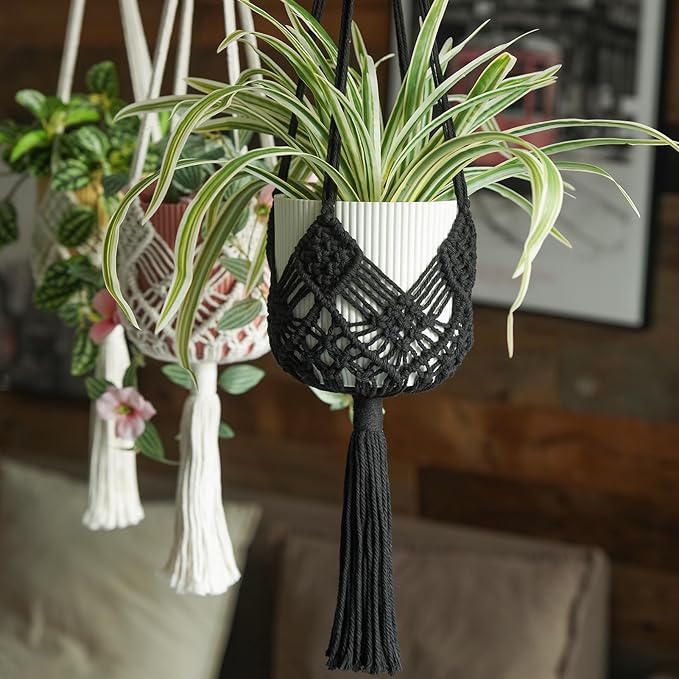 4 Pack Macrame Plant Hangers Indoor Up to 10 inch Pot, Boho Hanging Planters, Plant Holder with 8Pcs Stainless Steel Hooks(4Pcs Black Hanger)