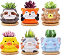 6 Pack Ceramic Succulent Pots with Drainage – Small Animal Planters with Bamboo Trays for Cactus & Indoor Plants, Mini Flower Pots for Desk, Home Decor, Office, Garden, Gift for Plant Lovers