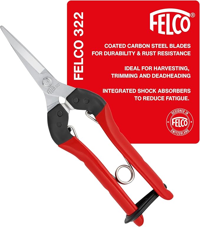 Felco F322 Pruning Snips – 9.84" Garden Clippers with Curved Blade & Rounded Tip | Pruning Shears for Gardening | Garden Snips and Pruners with Carbon Steel Blade, Sap Groove
