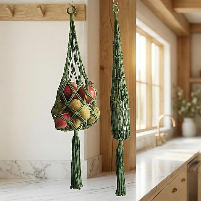 Macrame Hanging Produce Bag, Cotton Net Storage Holder with Tassel, Kitchen Fruit Vegetable Organizer (green)