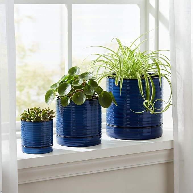 HASENSE 3 Piece Ceramic Plant Pots, 8/6/4.6 Inch, Indoor Pot for Plants with Drainage Holes and Saucer, Modern Flower Planter for Home Office, Rective Glaze Blue