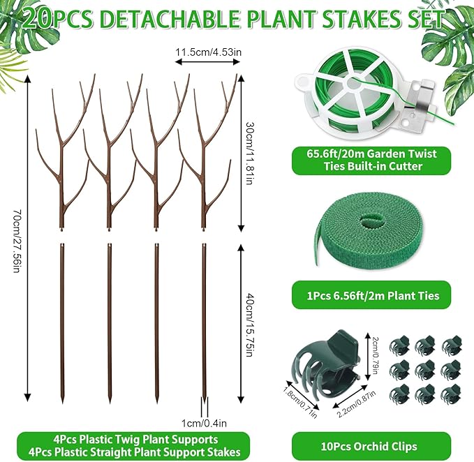 ROADPLUM 4 Pack 27.56" Detachable Twig Plant Support Stakes Set, Blends in to Plant, Branch Plant Sticks with Orchid Clips Twist Plant Ties, Twig Trellis for Indoor Outdoor Plants Potted Plants Flower