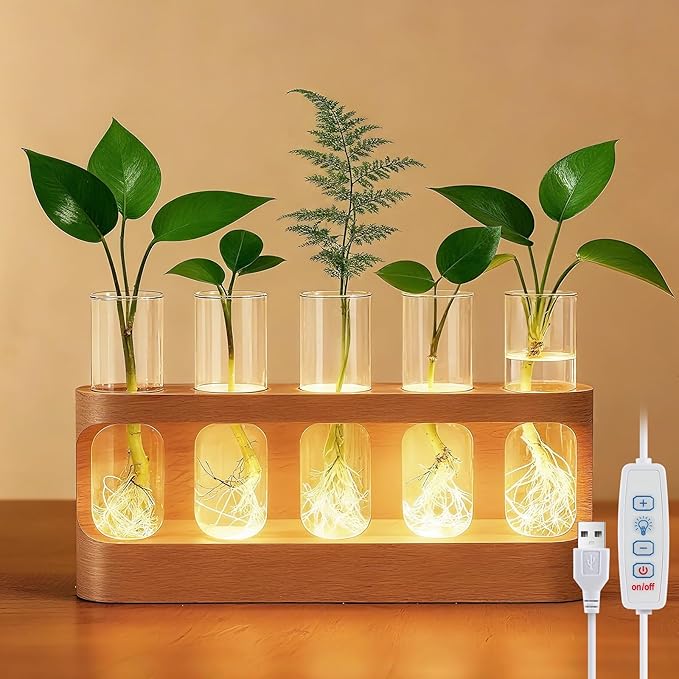 Tigvio Plant Propagation Station with 9-Level Dimmable LED Light, 5 Glass Test Tube Vases, Wooden Stand for Hydroponic Plants, Gardening Gift for Women & Plant Lovers, Desktop Terrarium & Home Decor