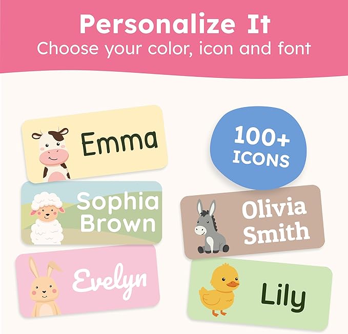 Personalized Name Labels for Kids (70 Labels) - Durable & Waterproof Custom Name Stickers for Clothing Tags, School Supplies, Camp & Daycare - Cozy Farm (1.2”x0.5”)